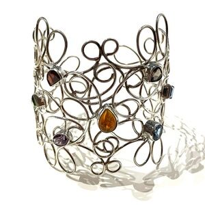 Sterling Silver Multi Gems Handmade Wide Wire Cuff Bangle Bracelet